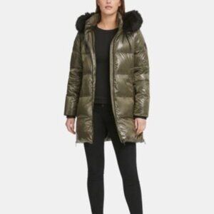 DKNY High-Shine Faux-Fur-Trim Hooded Puffer Coat